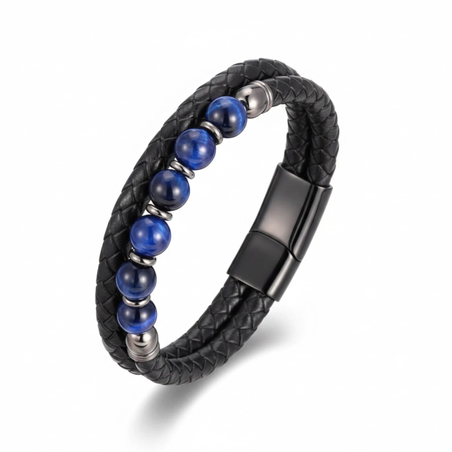 Pulseira Masculina Couro Olho de Tigre Domínio em couro legítimo, design sofisticado e pedras naturais para um visual elegante.