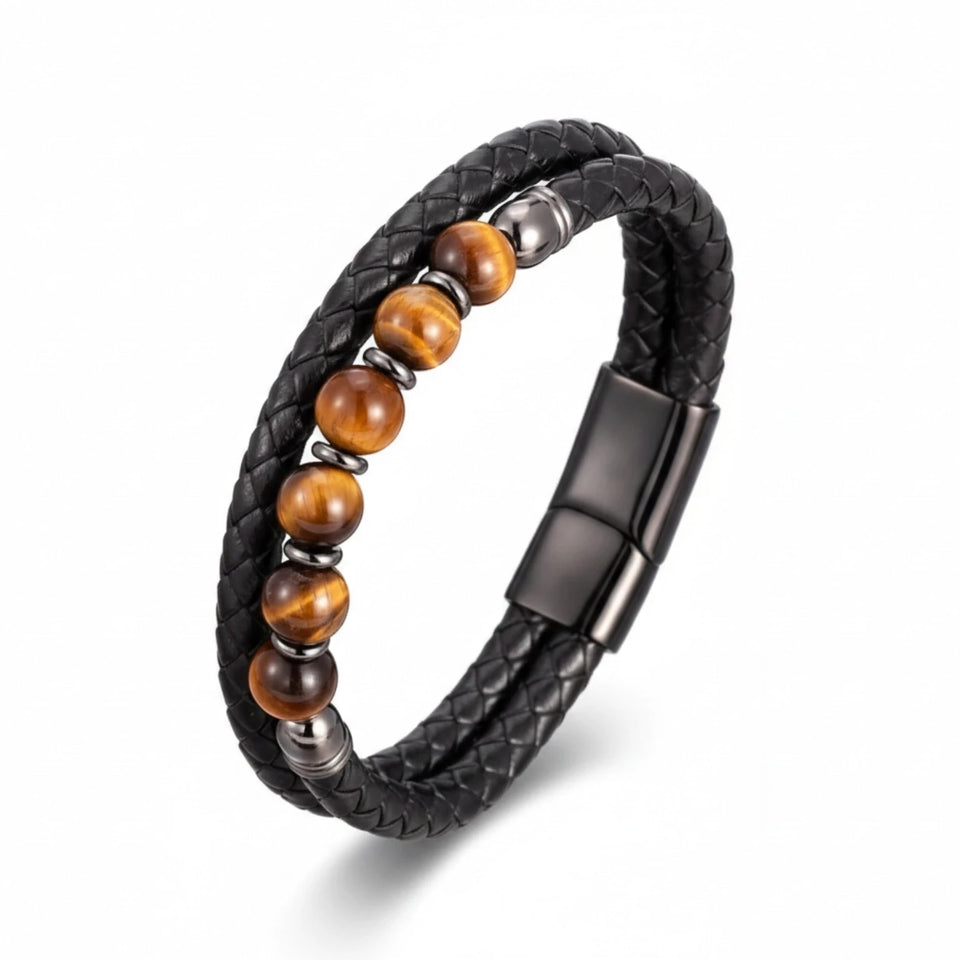 Pulseira Masculina Couro Olho de Tigre Domínio em couro legítimo, design sofisticado e pedras naturais para um visual elegante.