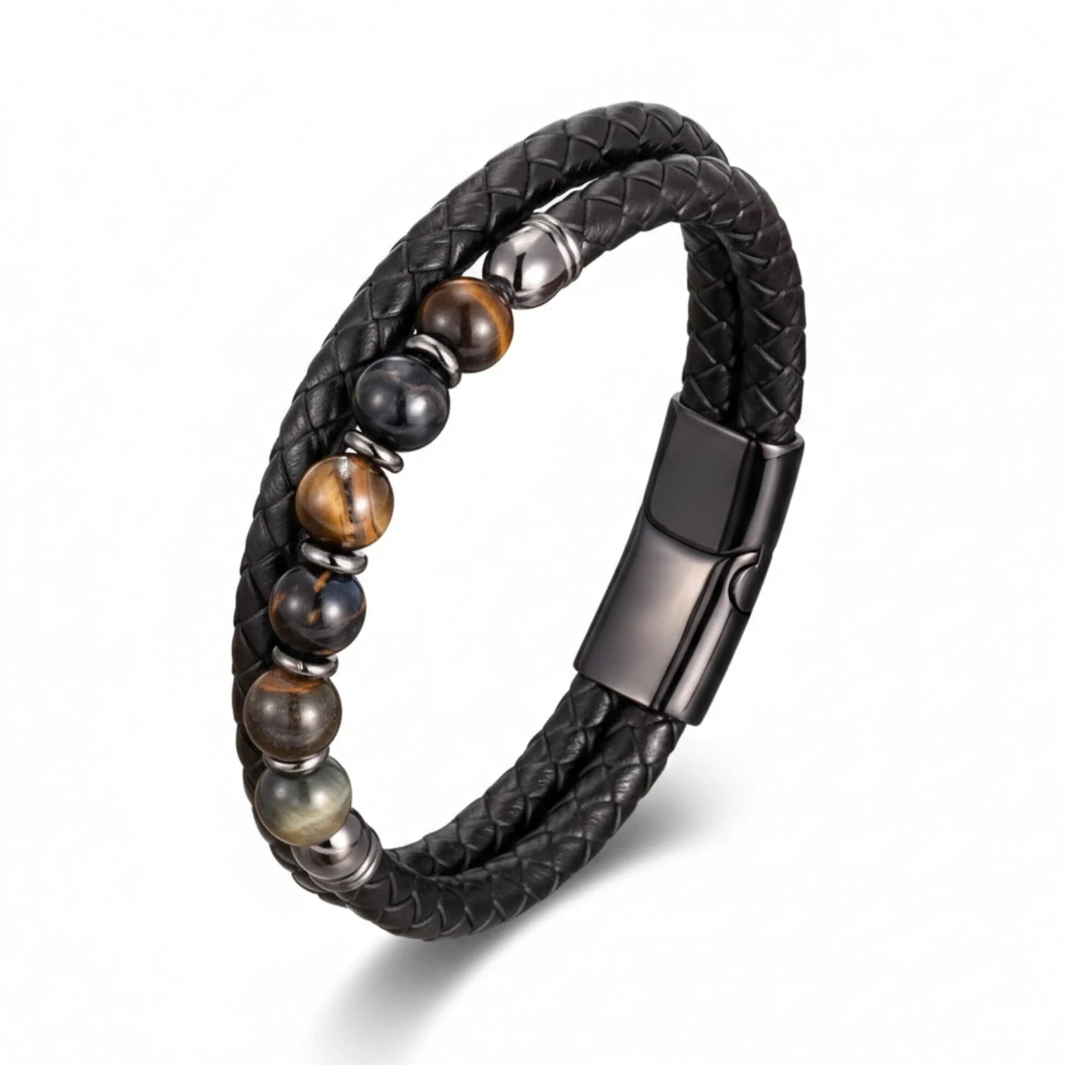Pulseira Masculina Couro Olho de Tigre Domínio em couro legítimo, design sofisticado e pedras naturais para um visual elegante.