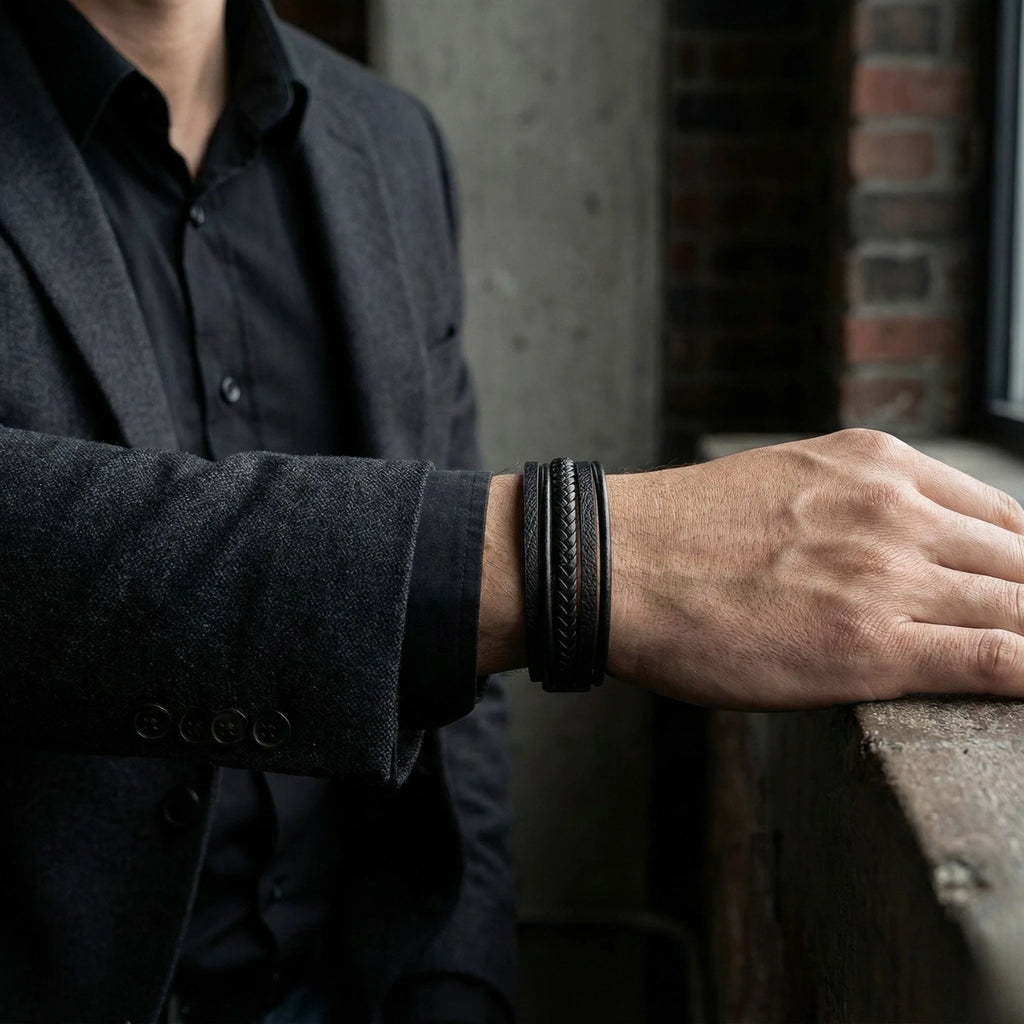 Pulseira de couro para ele com design trançado, estilo moderno e acabamento premium.