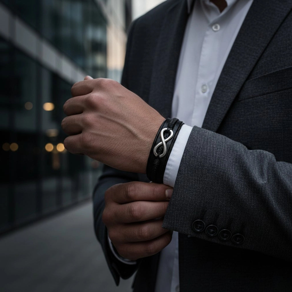 Pulseira de couro masculina Life Infinito, acessório em couro legítimo com detalhe do infinito, estilo elegante e acabamento refinado