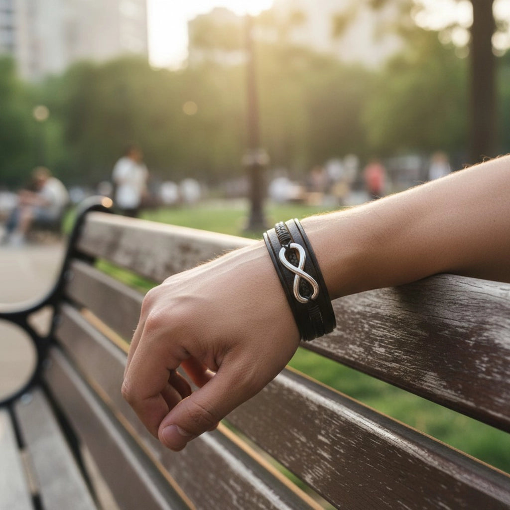 Pulseira de couro para homem Life Infinito em couro legítimo, design moderno com símbolo do infinito e alta durabilidade