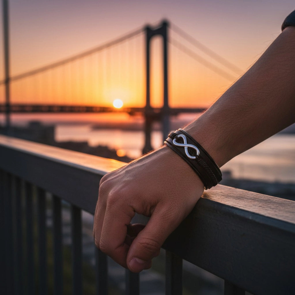 Pulseira masculina de couro Life Infinito, acessório premium em couro legítimo com design exclusivo e símbolo do infinito