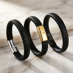 Pulseira masculina de couro Life em couro com aço, acessório premium em couro legítimo com estilo elegante e detalhes em aço inoxidável
