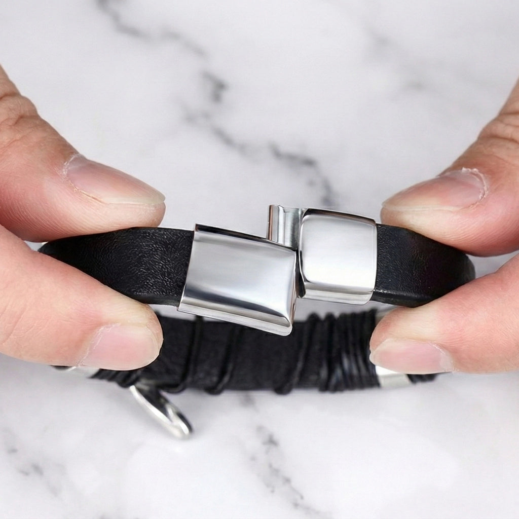 Pulseira masculina de couro Life em couro com aço, acessório premium em couro legítimo com estilo elegante e detalhes em aço inoxidável
