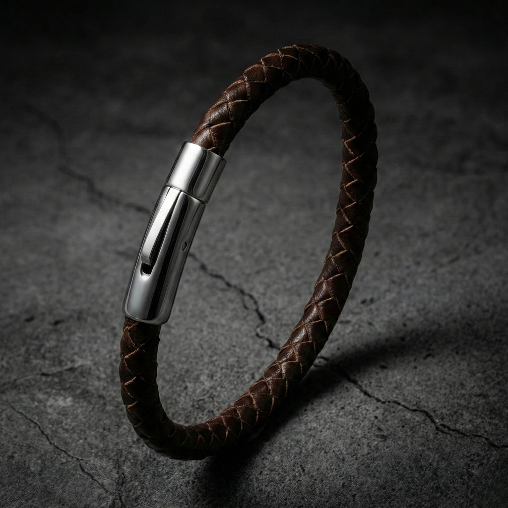 Pulseira masculina de couro Life em couro marrom com aço, acessório em couro legítimo com acabamento de alta qualidade e visual elegante