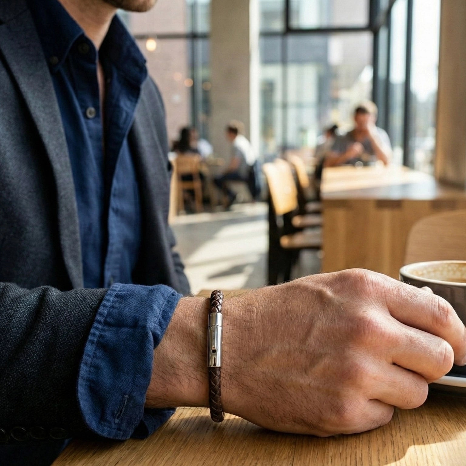 Pulseira de couro masculina Life em couro marrom com aço, acessório elegante com design moderno e visual sofisticado para homens