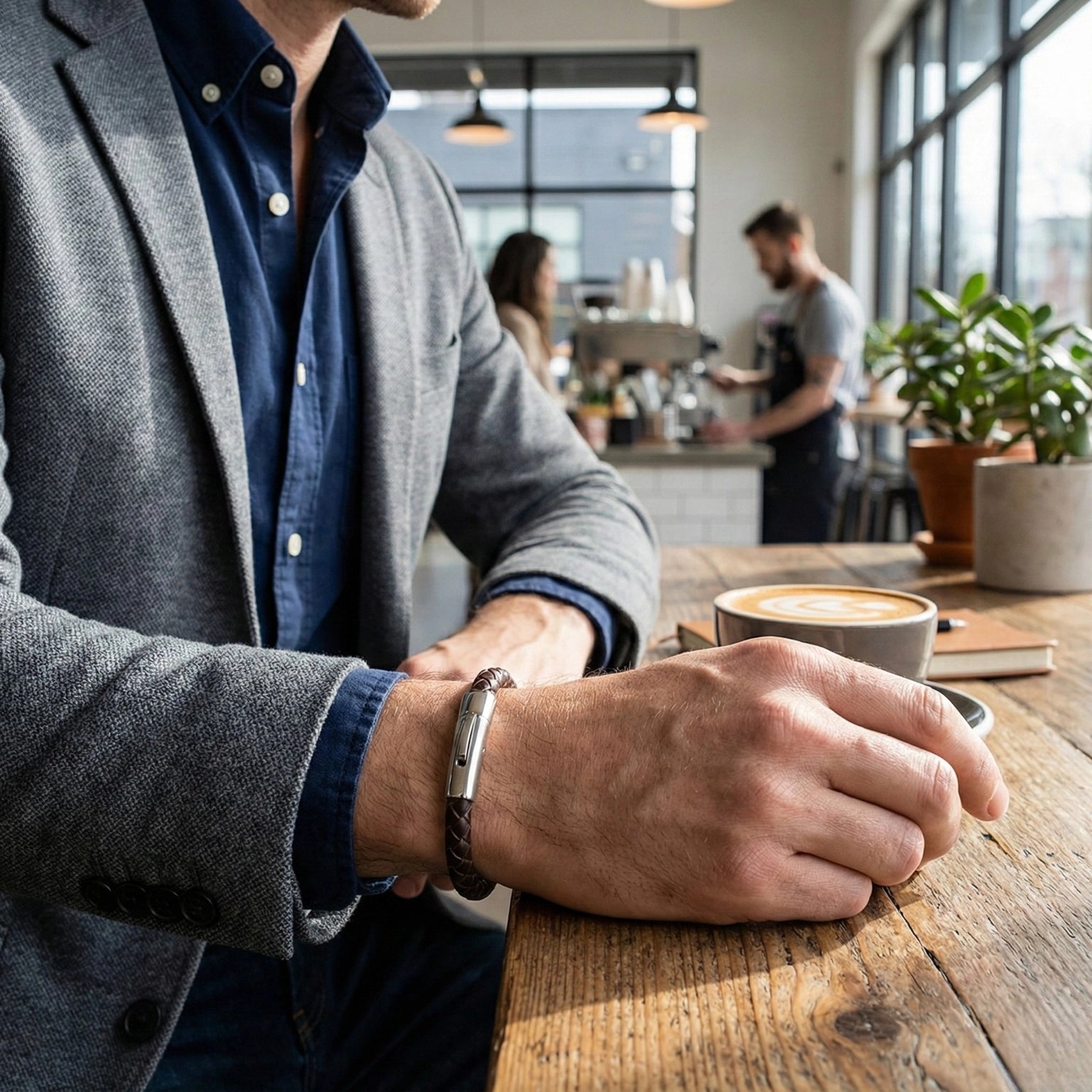 Pulseira de couro para ele Life em couro marrom com aço, design contemporâneo em couro legítimo com estilo masculino sofisticado