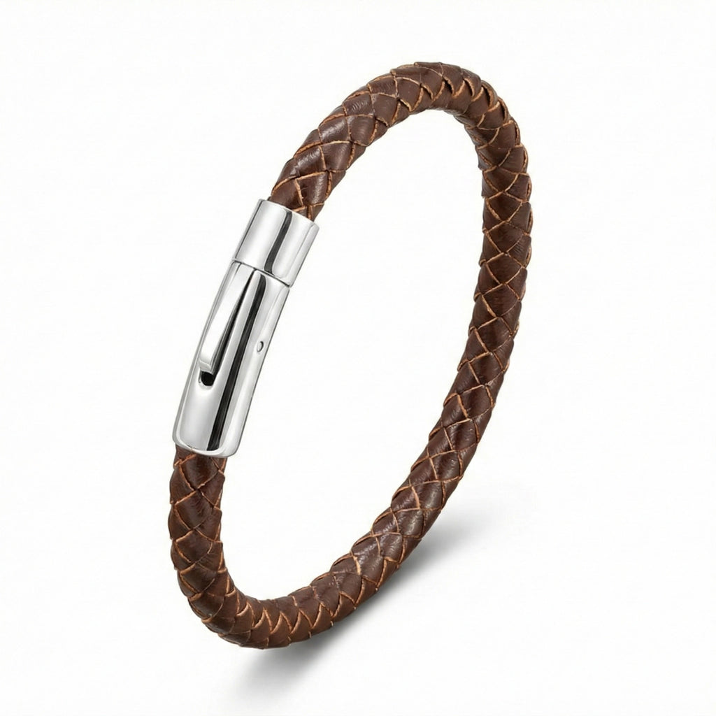 Pulseira Masculina Life em Couro Marrom com Aço, pulseira de couro masculina em couro legítimo com detalhes em aço inoxidável e acabamento premium