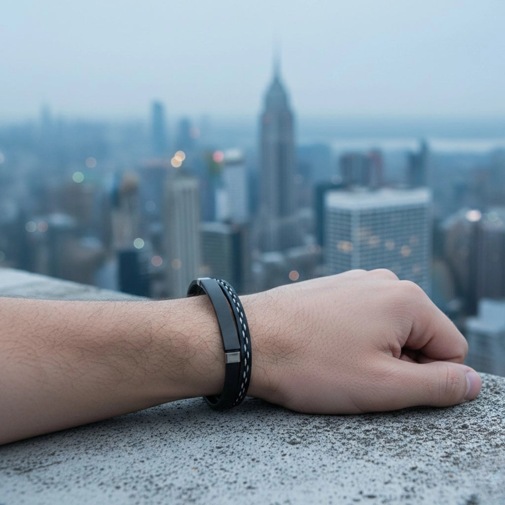Pulseira masculina de couro Life em couro preto com aço, acessório em couro legítimo com design moderno e visual sofisticado
