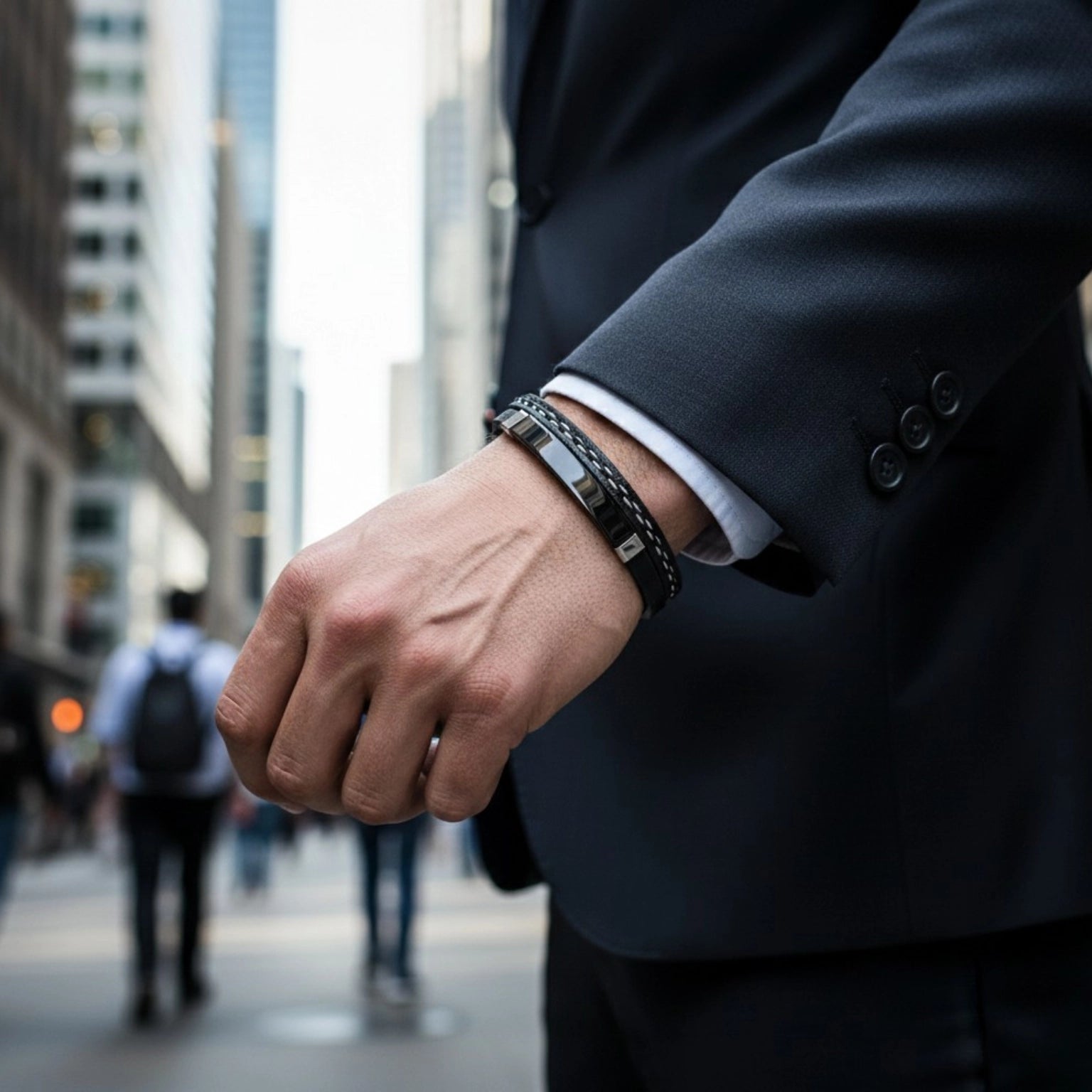 Pulseira de couro masculina Life em couro preto com aço, acessório elegante com visual moderno e acabamento refinado