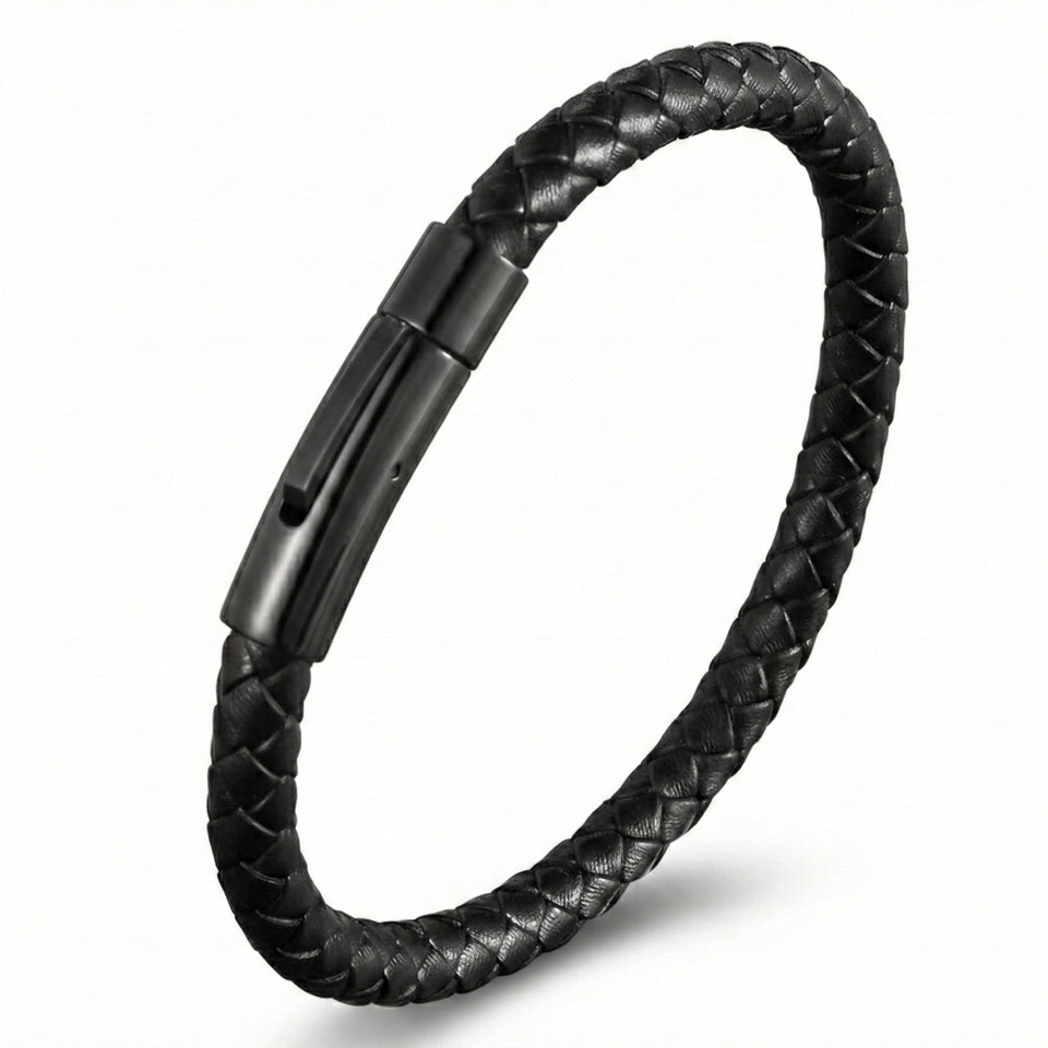 Pulseira Masculina Life em Couro Preto com Aço, pulseira de couro masculina em couro legítimo com detalhes em aço inoxidável e acabamento premium