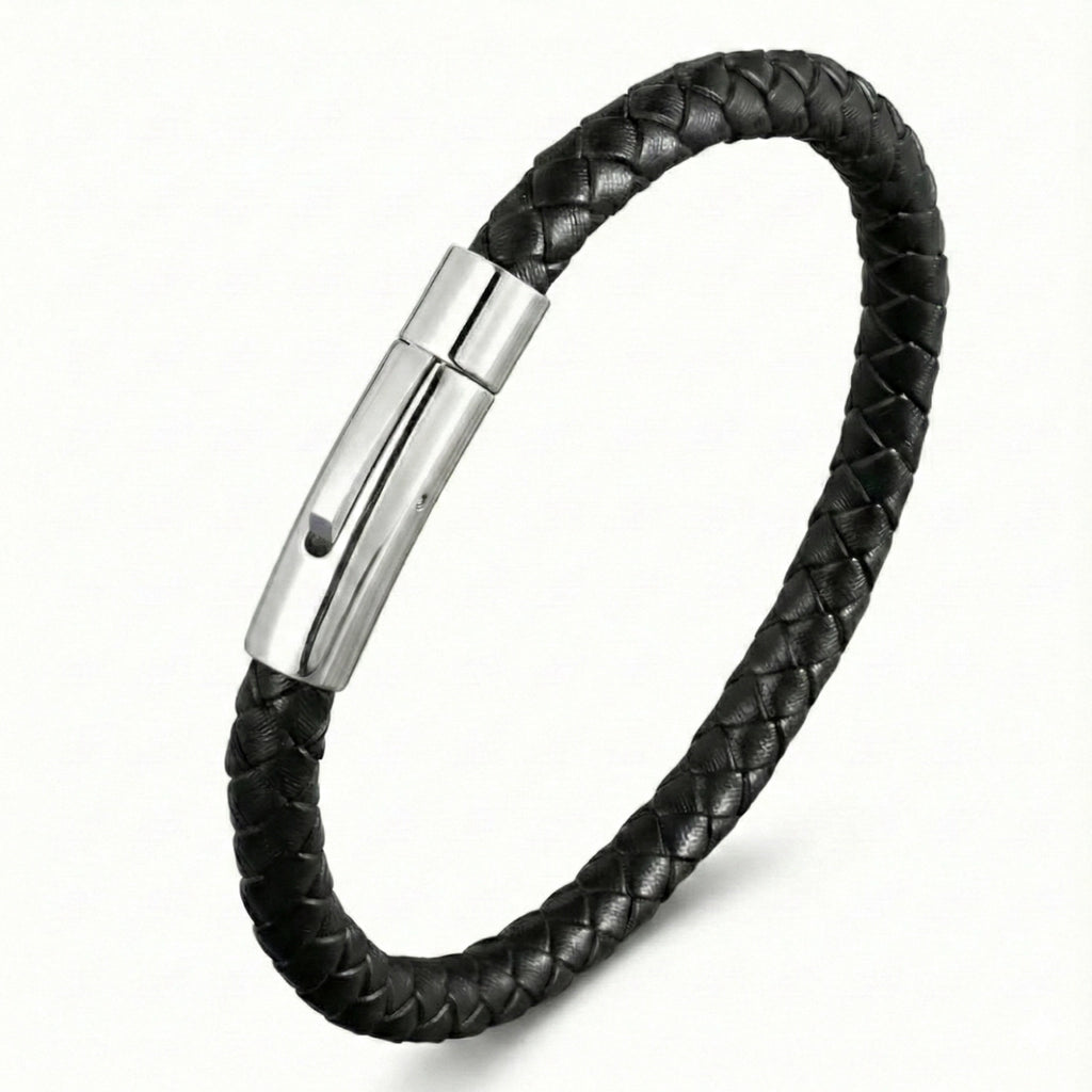 Pulseira Masculina Life em Couro Preto com Aço, pulseira de couro masculina em couro legítimo com detalhes em aço inoxidável e acabamento premium