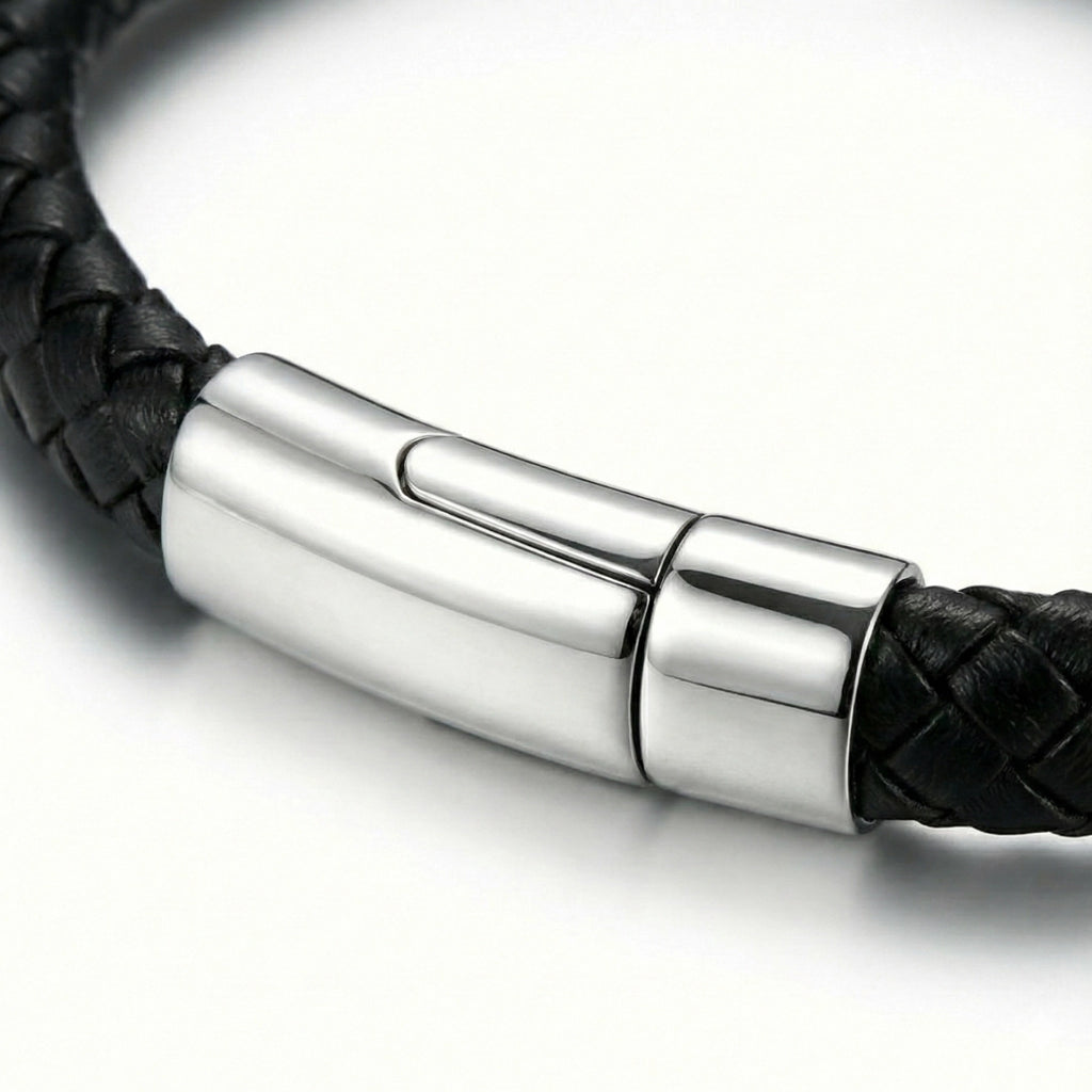 Pulseira masculina de couro Life em couro preto com aço, acessório em couro legítimo com acabamento de alta qualidade e visual elegante