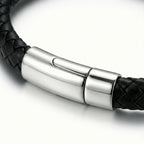 Pulseira masculina de couro Life em couro preto com aço, acessório em couro legítimo com acabamento de alta qualidade e visual elegante