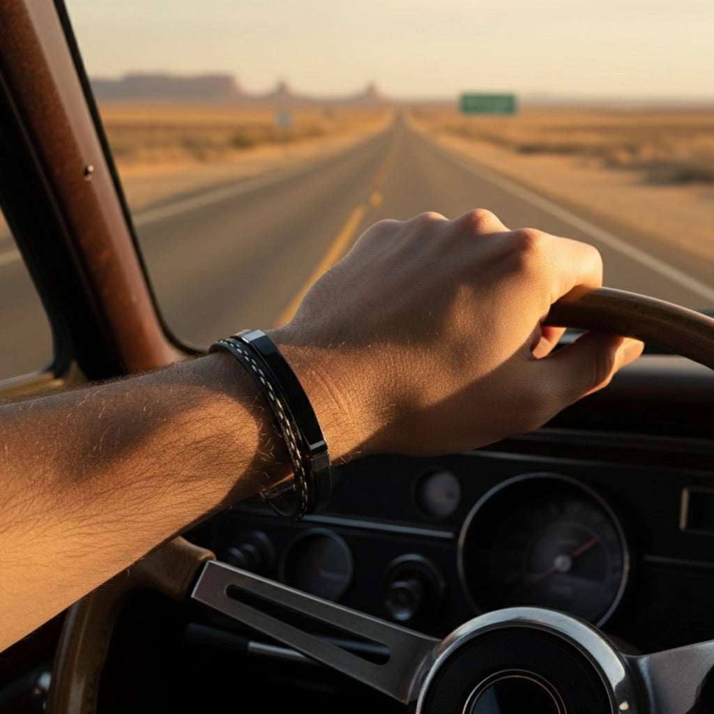 Pulseira de couro para homem Life em couro preto com aço inoxidável, design sofisticado e alta durabilidade