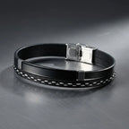 Pulseira de couro para ele Life em couro preto com aço, modelo masculino com estilo contemporâneo e acabamento premium