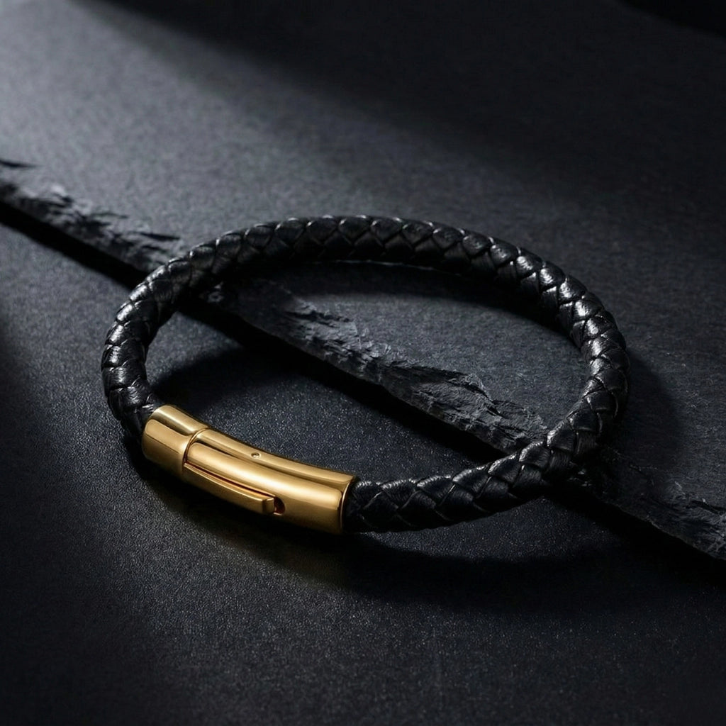 Pulseira masculina de couro Life em couro preto com aço, acessório em couro legítimo com acabamento de alta qualidade e visual elegante