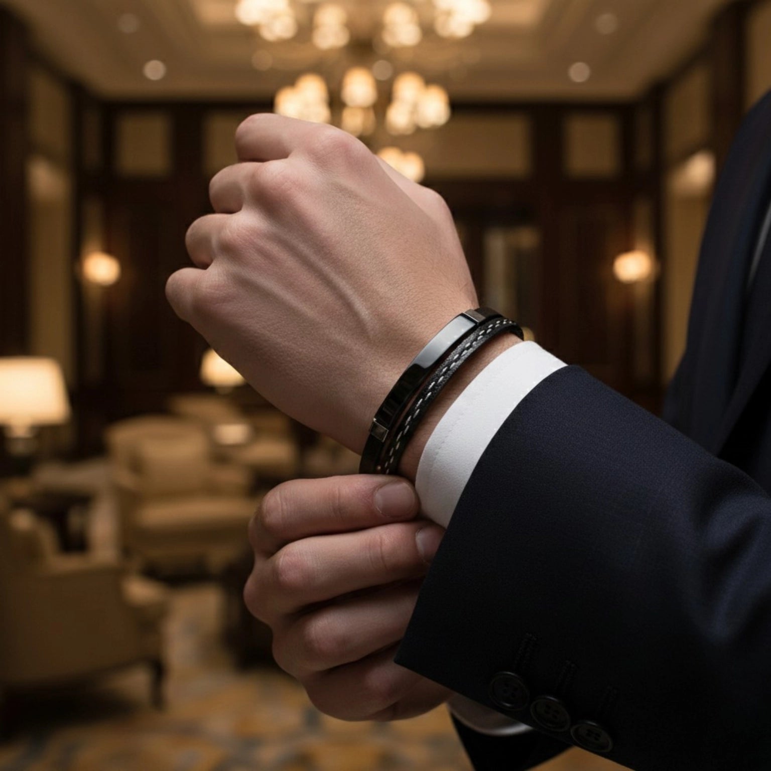 Pulseira masculina de couro Life em couro preto com aço, acessório em couro legítimo com design moderno e visual sofisticado