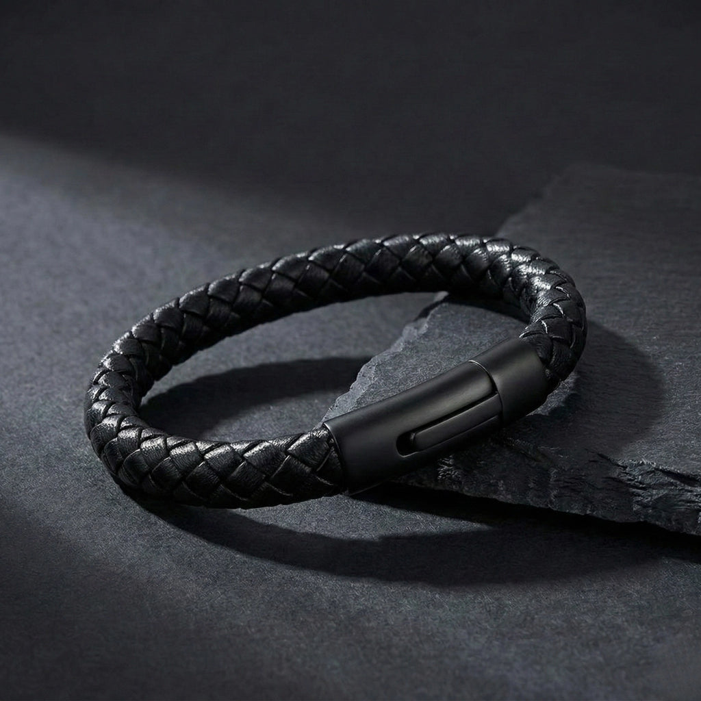 Pulseira masculina de couro Life em couro preto com aço, acessório em couro legítimo com acabamento de alta qualidade e visual elegante