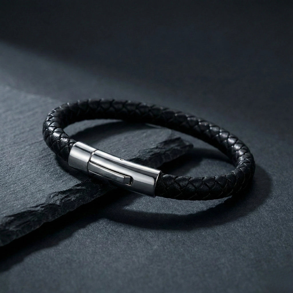 Pulseira masculina de couro Life em couro preto com aço, acessório em couro legítimo com acabamento de alta qualidade e visual elegante