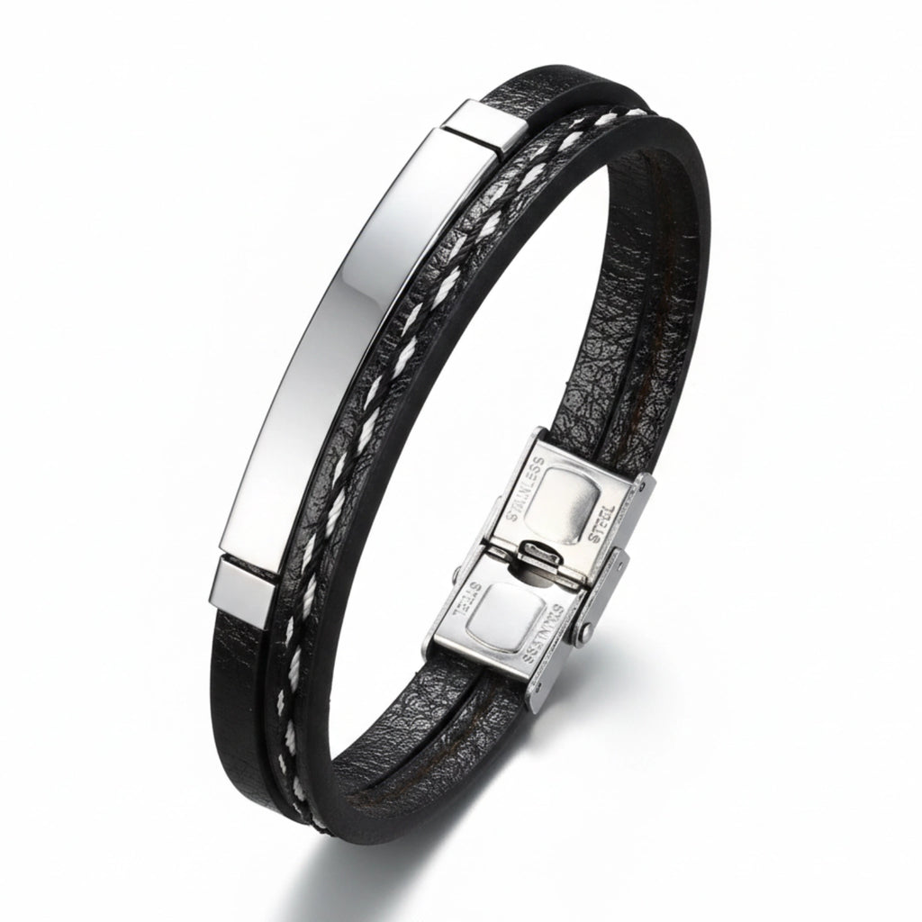 Pulseira Masculina Life em Couro Preto com Aço, pulseira de couro masculina em couro legítimo com design sofisticado e acabamento premium