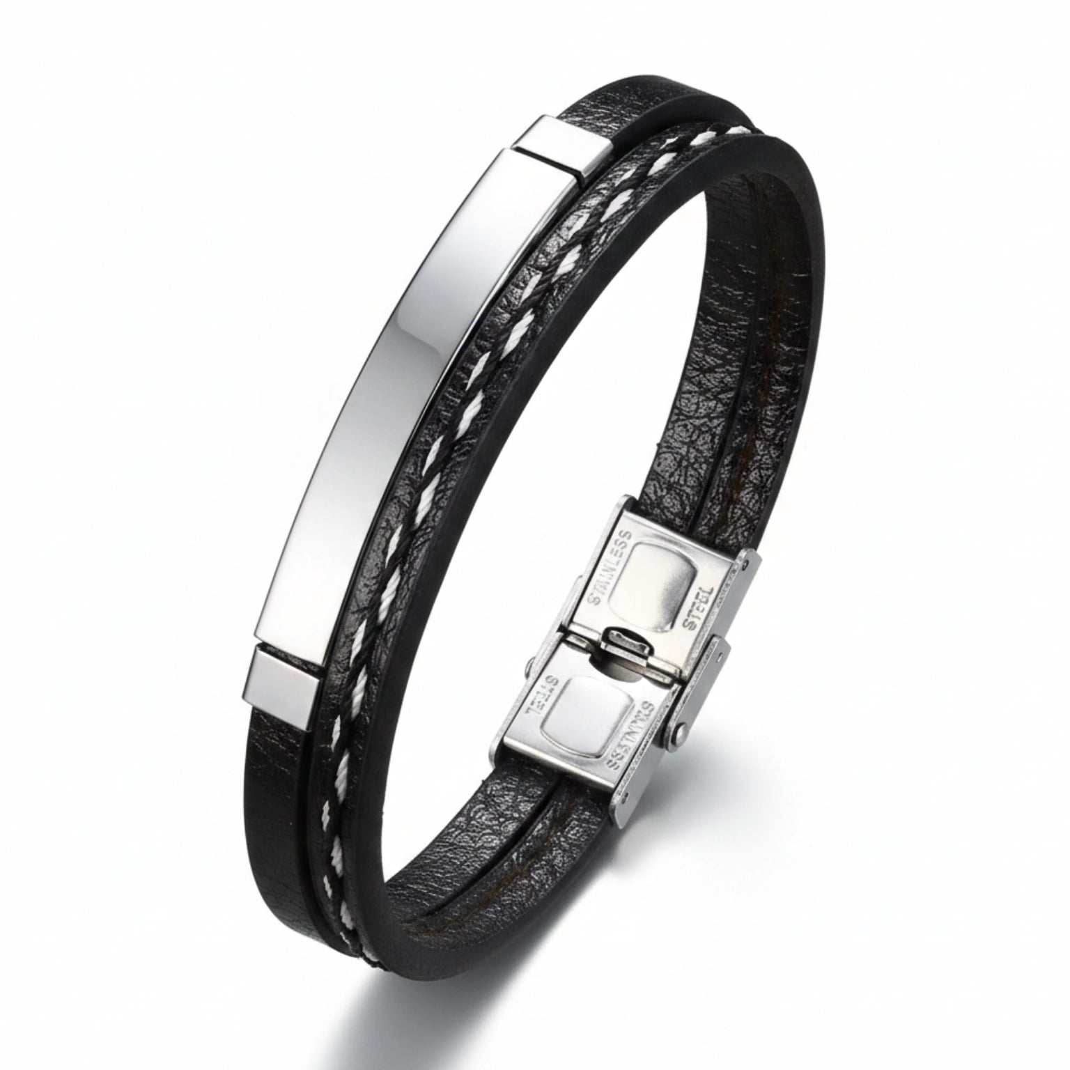 Pulseira Masculina Life em Couro Preto com Aço, pulseira de couro masculina em couro legítimo com design sofisticado e acabamento premium