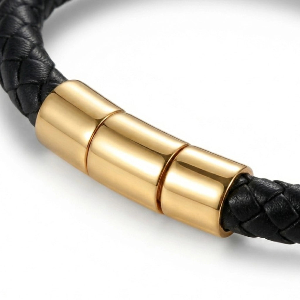 Pulseira masculina de couro Life em couro preto com aço, acessório em couro legítimo com acabamento de alta qualidade e visual elegante