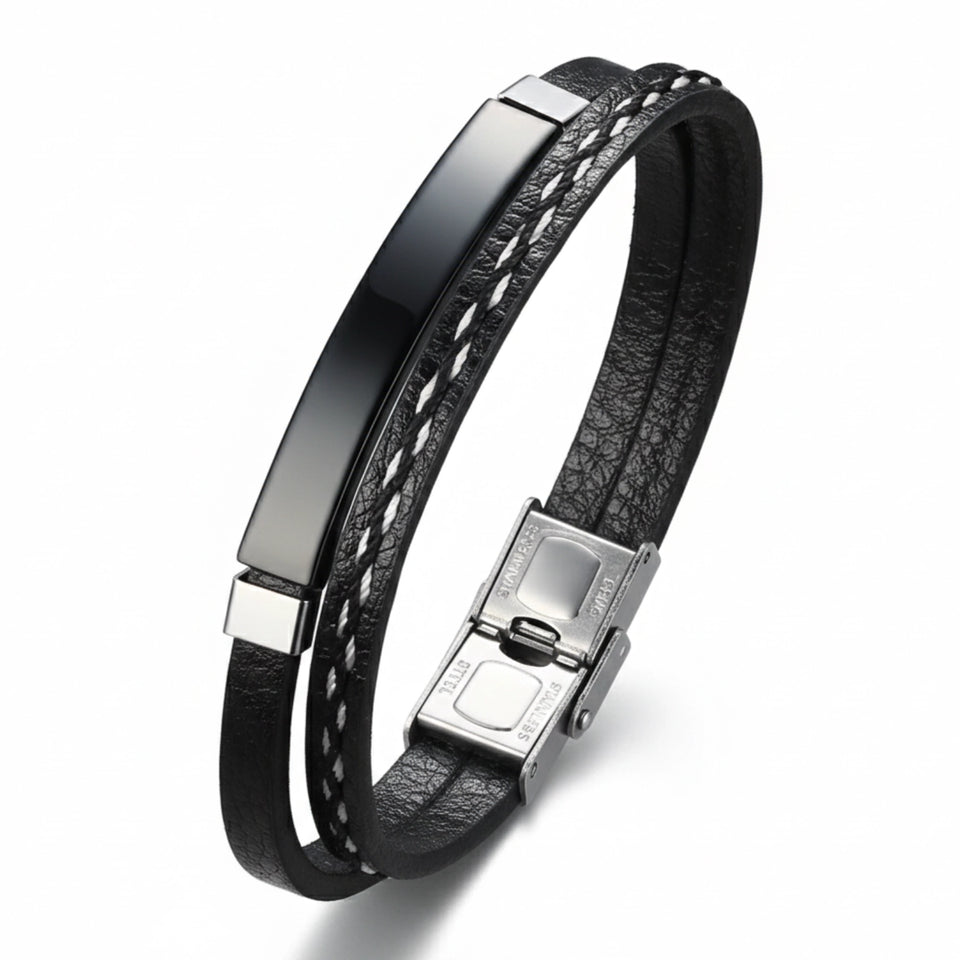 Pulseira Masculina Life em Couro Preto com Aço, pulseira de couro masculina em couro legítimo com design sofisticado e acabamento premium