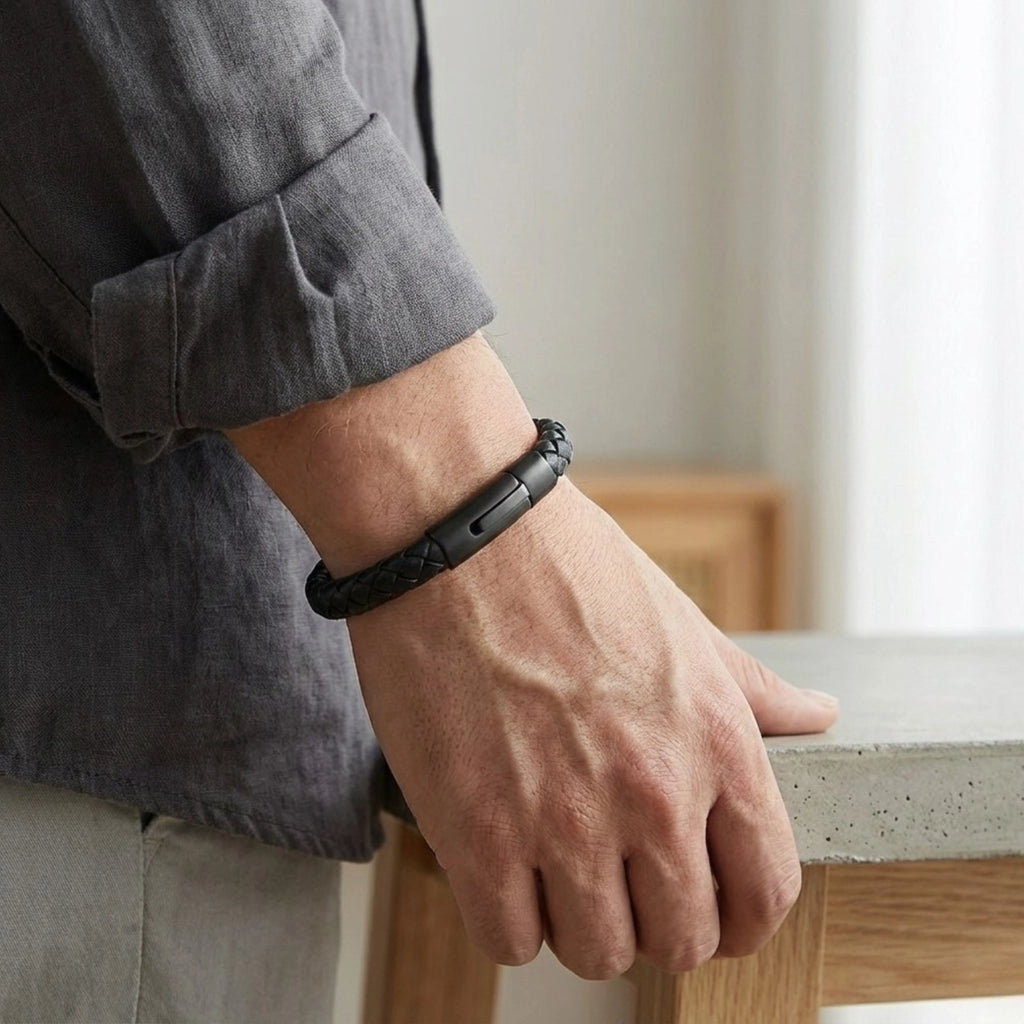 Pulseira de couro masculina Life em couro preto com aço, acessório elegante com design moderno e visual sofisticado para homens