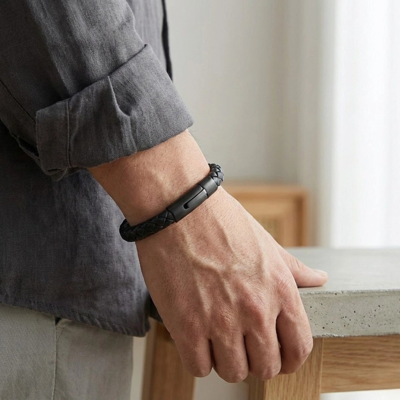 Pulseira de couro masculina Life em couro preto com aço, acessório elegante com design moderno e visual sofisticado para homens
