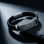 Pulseira masculina de couro Life Viking com aço inoxidável, acessório premium em couro legítimo com design marcante e visual elegante