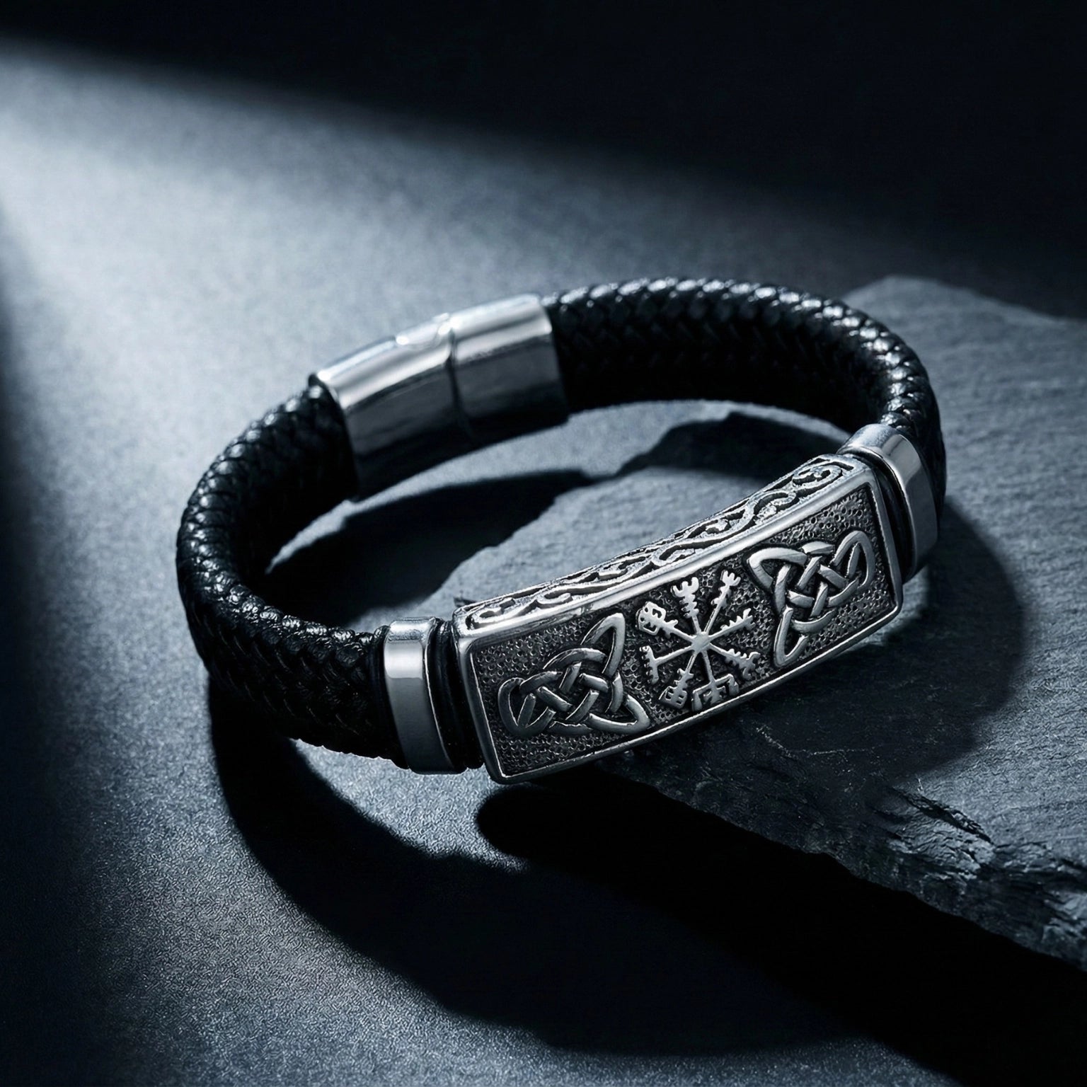 Pulseira masculina de couro Life Viking com aço inoxidável, acessório premium em couro legítimo com design marcante e visual elegante
