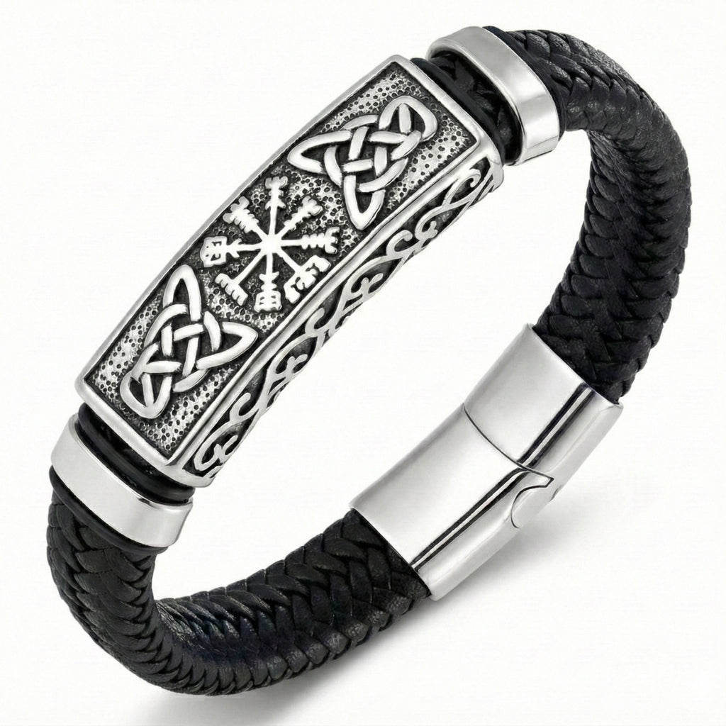 Pulseira masculina de couro Life Viking com aço inoxidável, acessório premium em couro legítimo com design marcante e visual elegante