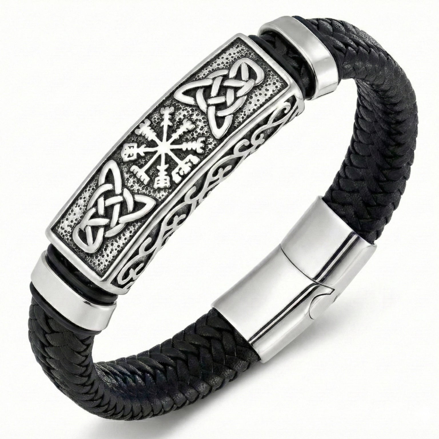 Pulseira masculina de couro Life Viking com aço inoxidável, acessório premium em couro legítimo com design marcante e visual elegante