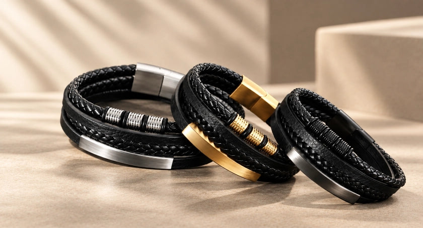 Pulseiras masculinas de couro trançado preto com detalhes metálicos em diferentes acabamentos.